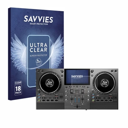 Face avant d’un emballage produit avec le logo de la marque Savvies. À côté, l’appareil Numark Mixstream Pro Go est représenté