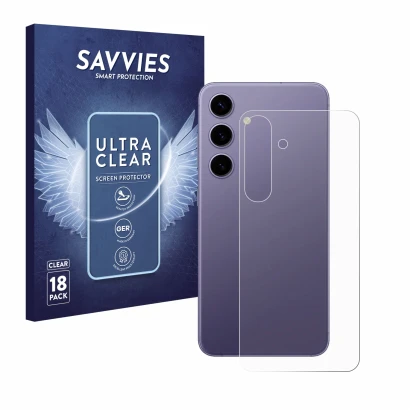 Face avant d’un emballage produit avec le logo de la marque Savvies. À côté, l’appareil Samsung Galaxy S24 (Arrière) est repré