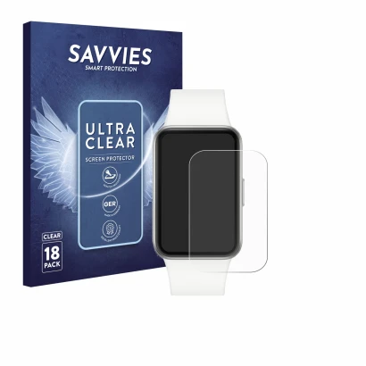 Face avant d’un emballage produit avec le logo de la marque Savvies. À côté, l’appareil Samsung Galaxy Fit3 est représenté ave