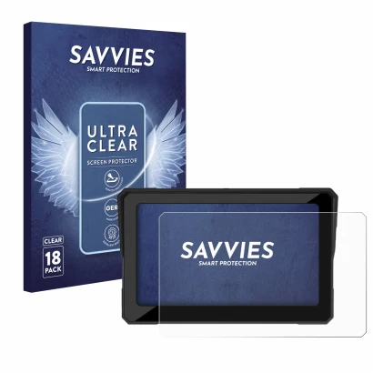 Face avant d’un emballage produit avec le logo de la marque Savvies. À côté, l’appareil Carpuride W702 7" est représenté avec 