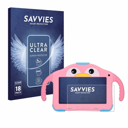 Face avant d’un emballage produit avec le logo de la marque Savvies. À côté, l’appareil okulaku KIDS03-Pro03 7" est représenté