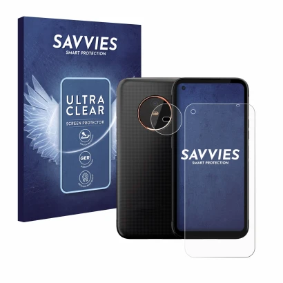 Face avant d’un emballage produit avec le logo de la marque Savvies. À côté, l’appareil Gigaset GX6 Pro (Avant+Caméra) est rep