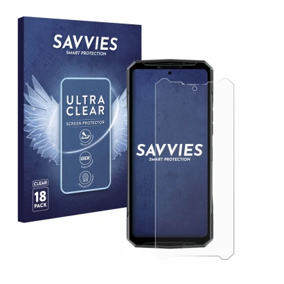Face avant d’un emballage produit avec le logo de la marque Savvies. À côté, l’appareil Doogee DK10 est représenté avec la pro