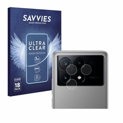 Face avant d’un emballage produit avec le logo de la marque Savvies. À côté, l’appareil Xiaomi Poco X6 Pro (Caméra UNIQUEMENT)