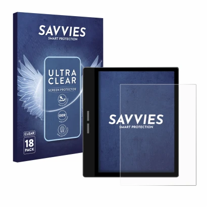 Face avant d’un emballage produit avec le logo de la marque Savvies. À côté, l’appareil Bigme B751C est représenté avec la pro
