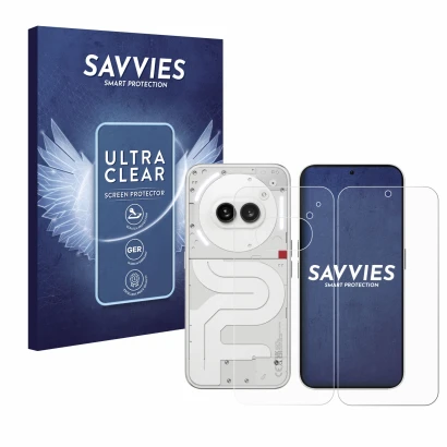 Face avant d’un emballage produit avec le logo de la marque Savvies. À côté, l’appareil Nothing Phone (2a) (Avant+Arrière) est
