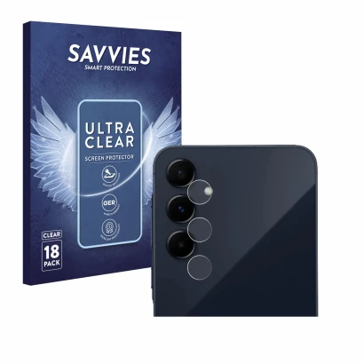 Face avant d’un emballage produit avec le logo de la marque Savvies. À côté, l’appareil Samsung Galaxy A55 5G (Caméra UNIQUEME