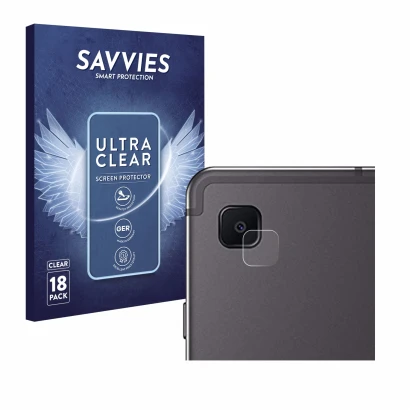 Face avant d’un emballage produit avec le logo de la marque Savvies. À côté, l’appareil Samsung Galaxy Tab S6 Lite WiFi 2024 (