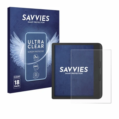 Face avant d’un emballage produit avec le logo de la marque Savvies. À côté, l’appareil Tolino Vision Color 2024 est représent