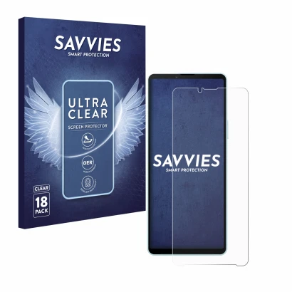Face avant d’un emballage produit avec le logo de la marque Savvies. À côté, l’appareil Sony Xperia 10 VI est représenté avec 