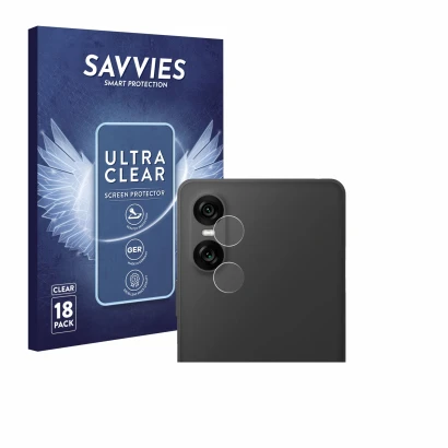 Face avant d’un emballage produit avec le logo de la marque Savvies. À côté, l’appareil Sony Xperia 10 VI (Caméra UNIQUEMENT) 