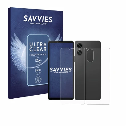 Face avant d’un emballage produit avec le logo de la marque Savvies. À côté, l’appareil Sony Xperia 10 VI (Avant+Arrière) est 