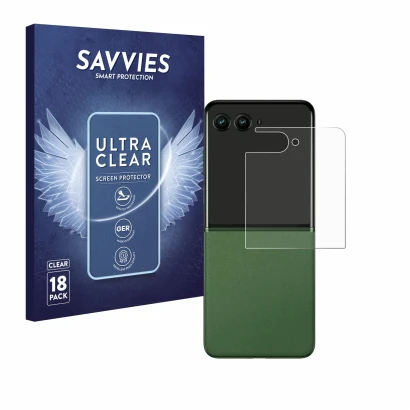 Face avant d’un emballage produit avec le logo de la marque Savvies. À côté, l’appareil Motorola Razr 50 Ultra (Affichage arri