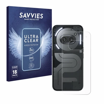 Face avant d’un emballage produit avec le logo de la marque Savvies. À côté, l’appareil Nothing Phone (2a) Plus (Arrière) est 