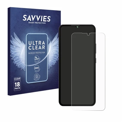 Face avant d’un emballage produit avec le logo de la marque Savvies. À côté, l’appareil Cubot A10 est représenté avec la prote