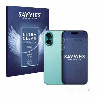 Face avant d’un emballage produit avec le logo de la marque Savvies. À côté, l’appareil Apple iPhone 16 (Avant+Caméra) est rep