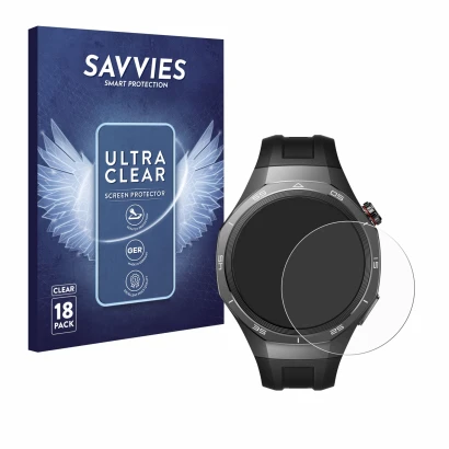 Face avant d’un emballage produit avec le logo de la marque Savvies. À côté, l’appareil Huawei Watch GT 5 Pro (46 mm) est repr