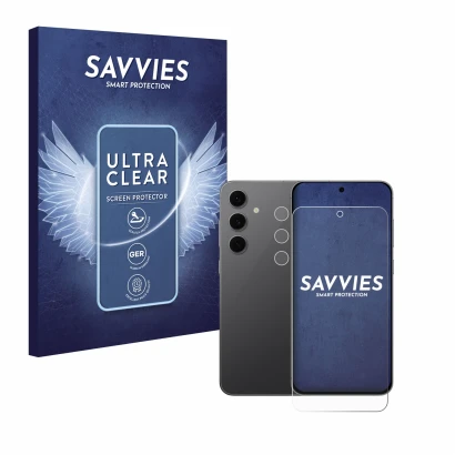 Face avant d’un emballage produit avec le logo de la marque Savvies. À côté, l’appareil Samsung Galaxy S24 FE (Avant+Caméra) e