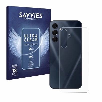 Face avant d’un emballage produit avec le logo de la marque Savvies. À côté, l’appareil Samsung Galaxy A16 5G (Arrière) est re