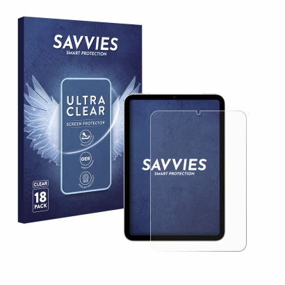 Face avant d’un emballage produit avec le logo de la marque Savvies. À côté, l’appareil Apple iPad Mini 7 WiFi 2024 est représ