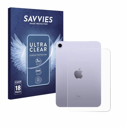 Face avant d’un emballage produit avec le logo de la marque Savvies. À côté, l’appareil Apple iPad Mini 7 2024 (Arrière) est r