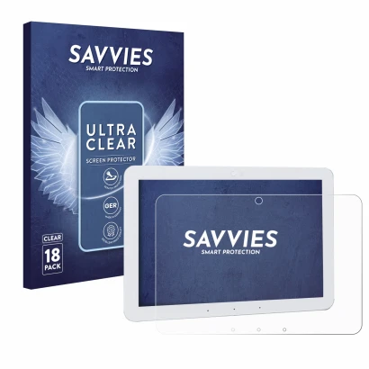 Face avant d’un emballage produit avec le logo de la marque Savvies. À côté, l’appareil Amazon Echo Hub 8" est représenté avec