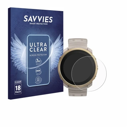 Face avant d’un emballage produit avec le logo de la marque Savvies. À côté, l’appareil Polar Vantage M3 est représenté avec l