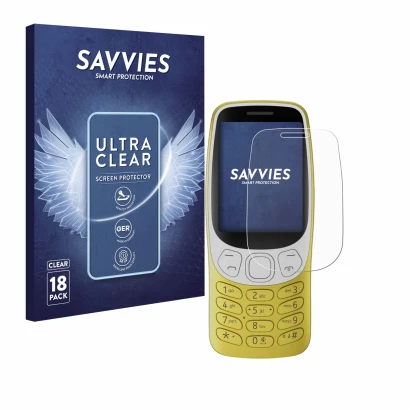 Face avant d’un emballage produit avec le logo de la marque Savvies. À côté, l’appareil Nokia 3210 est représenté avec la prot