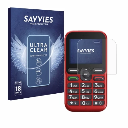 Face avant d’un emballage produit avec le logo de la marque Savvies. À côté, l’appareil Doro Leva L10 est représenté avec la p