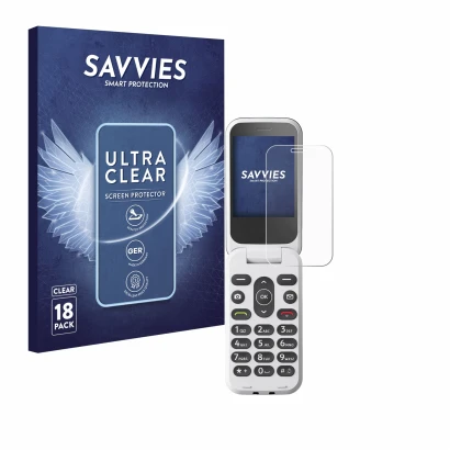 Face avant d’un emballage produit avec le logo de la marque Savvies. À côté, l’appareil Doro 2820 est représenté avec la prote