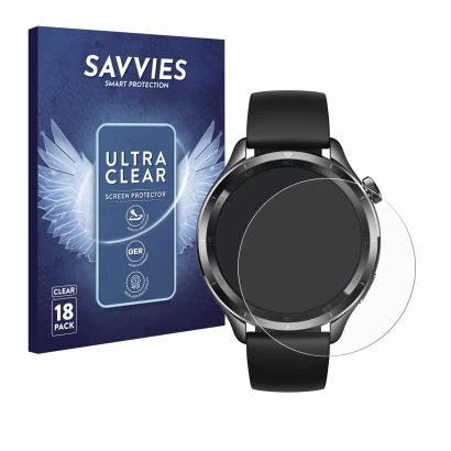 Face avant d’un emballage produit avec le logo de la marque Savvies. À côté, l’appareil Xiaomi Watch S4 (47 mm) est représenté