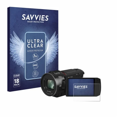 Face avant d’un emballage produit avec le logo de la marque Savvies. À côté, l’appareil Panasonic HC-VX3 est représenté avec l