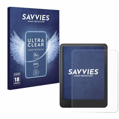 Face avant d’un emballage produit avec le logo de la marque Savvies. À côté, l’appareil Amazon Kindle Paperwhite 2024 (12. Gen