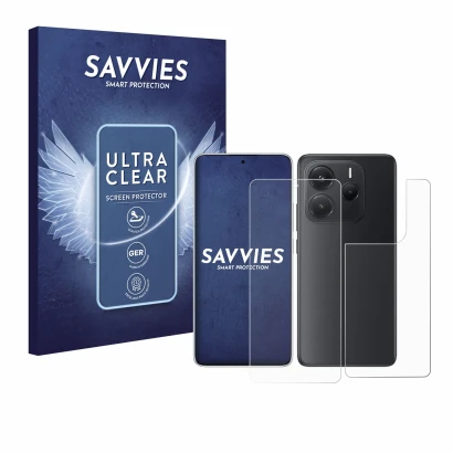 Face avant d’un emballage produit avec le logo de la marque Savvies. À côté, l’appareil Xiaomi Redmi Note 14 (Avant+Arrière) e