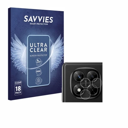 Face avant d’un emballage produit avec le logo de la marque Savvies. À côté, l’appareil Xiaomi Redmi Note 14 Pro (Caméra UNIQU