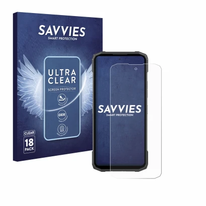 Face avant d’un emballage produit avec le logo de la marque Savvies. À côté, l’appareil Doogee Blade 10 Power est représenté a