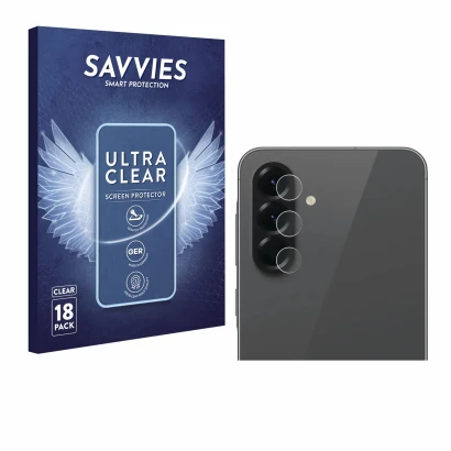 Face avant d’un emballage produit avec le logo de la marque Savvies. À côté, l’appareil Samsung Galaxy A56 5G (Caméra UNIQUEME