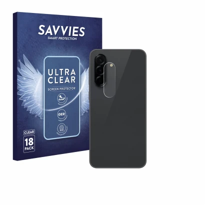 Face avant d’un emballage produit avec le logo de la marque Savvies. À côté, l’appareil Samsung Galaxy A36 5G (Caméra UNIQUEME
