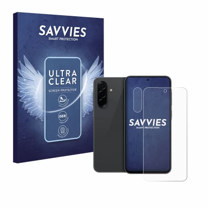 Face avant d’un emballage produit avec le logo de la marque Savvies. À côté, l’appareil Samsung Galaxy A36 5G (Avant+Caméra) e