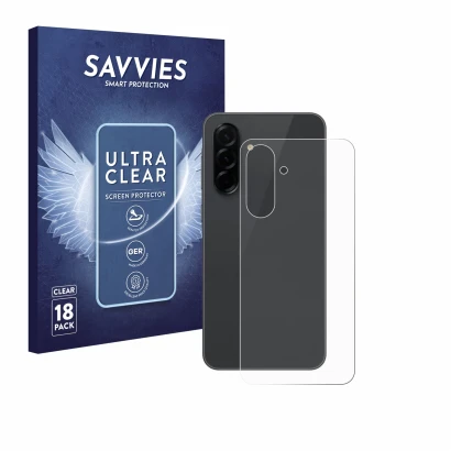 Face avant d’un emballage produit avec le logo de la marque Savvies. À côté, l’appareil Samsung Galaxy A36 5G (Arrière) est re