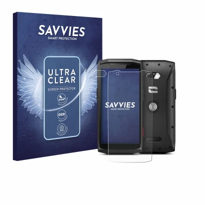 Face avant d’un emballage produit avec le logo de la marque Savvies. À côté, l’appareil Crosscall Core-M5 (Avant+Caméra) est r