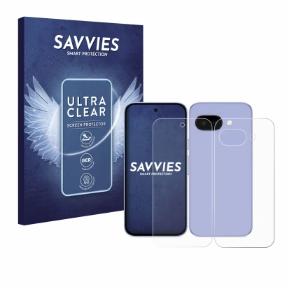 Face avant d’un emballage produit avec le logo de la marque Savvies. À côté, l’appareil Google Pixel 9a (Avant+Arrière) est re