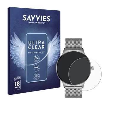 Face avant d’un emballage produit avec le logo de la marque Savvies. À côté, l’appareil Pireware Slim Smartwatch est représent