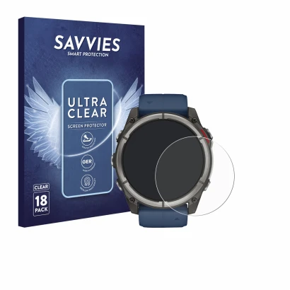 Face avant d’un emballage produit avec le logo de la marque Savvies. À côté, l’appareil Garmin quatix 8 (51 mm) est représenté