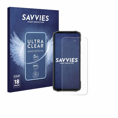 Face avant d’un emballage produit avec le logo de la marque Savvies. À côté, l’appareil Doogee Blade 20 est représenté avec la