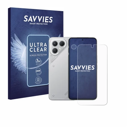 Face avant d’un emballage produit avec le logo de la marque Savvies. À côté, l’appareil Tecno Pova 7 Pro (Avant+Caméra) est re