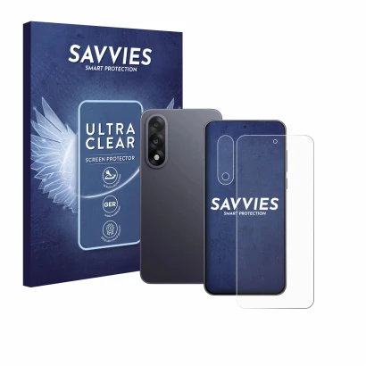 Face avant d’un emballage produit avec le logo de la marque Savvies. À côté, l’appareil OnePlus Nord 5 (Avant+Caméra) est repr