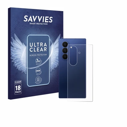 Face avant d’un emballage produit avec le logo de la marque Savvies. À côté, l’appareil Samsung Galaxy Z Fold 7 (Arrière) est 