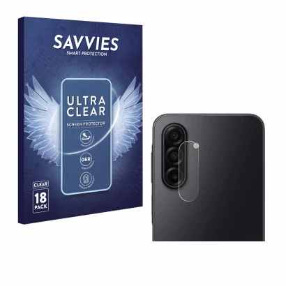 Face avant d’un emballage produit avec le logo de la marque Savvies. À côté, l’appareil Samsung Galaxy A17 5G (Caméra UNIQUEME