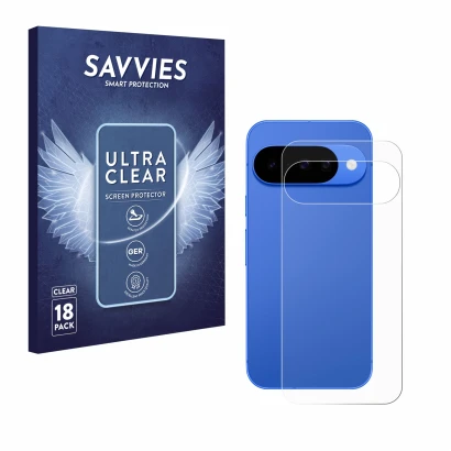 Face avant d’un emballage produit avec le logo de la marque Savvies. À côté, l’appareil Google Pixel 10 (Arrière) est représen